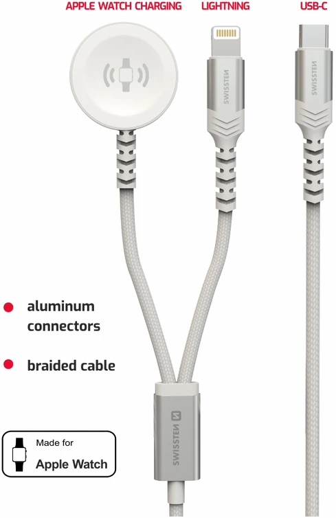 Swissten belaidis įkroviklis 2in1 Apple Watch ir Lightning USB-C 1,2m