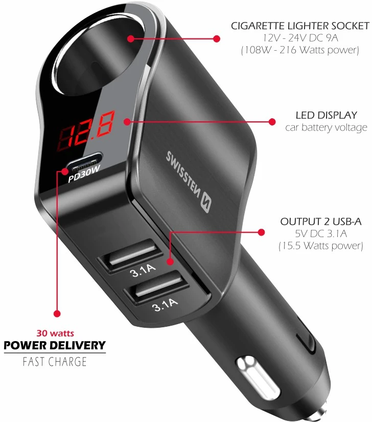 Swissten automobilinis įkroviklis 1x USB-C PD / 2x USB-A / CL / LED