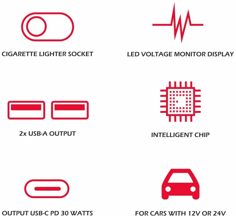 Swissten automobilinis įkroviklis 1x USB-C PD / 2x USB-A / CL / LED