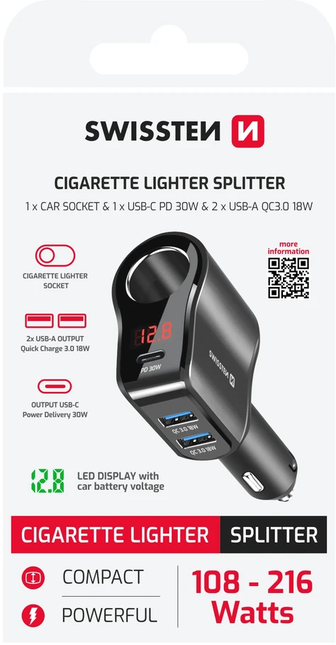 Swissten automobilinis įkroviklis 1x USB-C PD / 2x USB-A / CL / LED