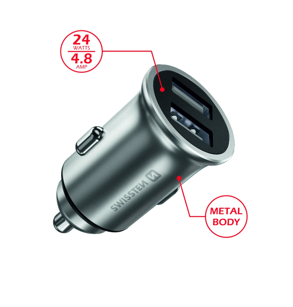 „Swissten“ ekologiškas metalinis aukščiausios kokybės automobilinis įkroviklis, 2 x USB, 4,8 A