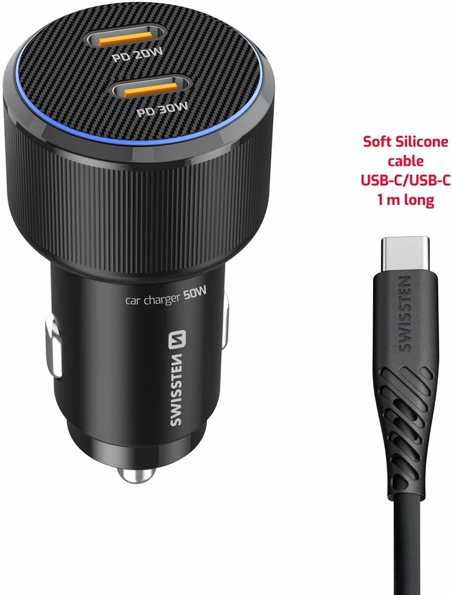 Įkroviklis Swissten PD 2x USB-C automobilinis įkroviklis 50W su USB-C - USB-C laidas 1m