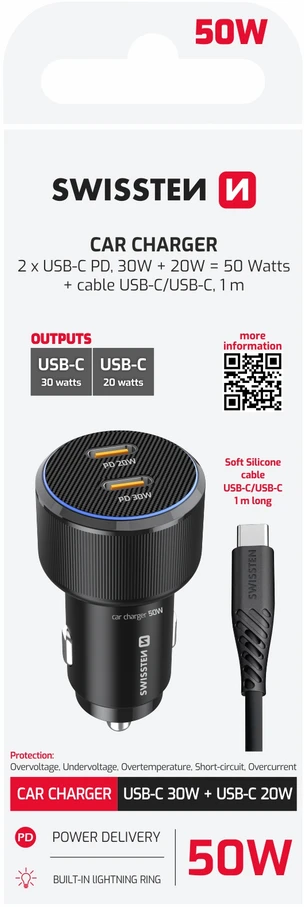 Įkroviklis Swissten PD 2x USB-C automobilinis įkroviklis 50W su USB-C - USB-C laidas 1m