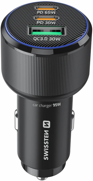 Įkroviklis Swissten PD 2x USB-C / USB automobilinis įkroviklis 95W su USB-C - USB-C laidas 1m