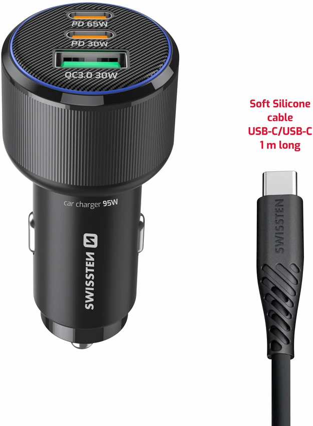 Įkroviklis Swissten PD 2x USB-C / USB automobilinis įkroviklis 95W su USB-C - USB-C laidas 1m