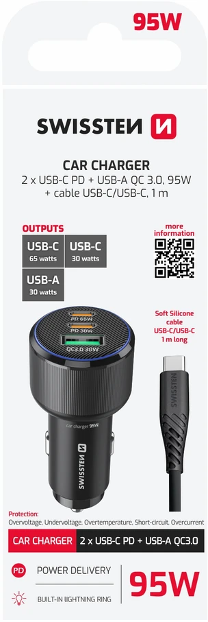 Įkroviklis Swissten PD 2x USB-C / USB automobilinis įkroviklis 95W su USB-C - USB-C laidas 1m