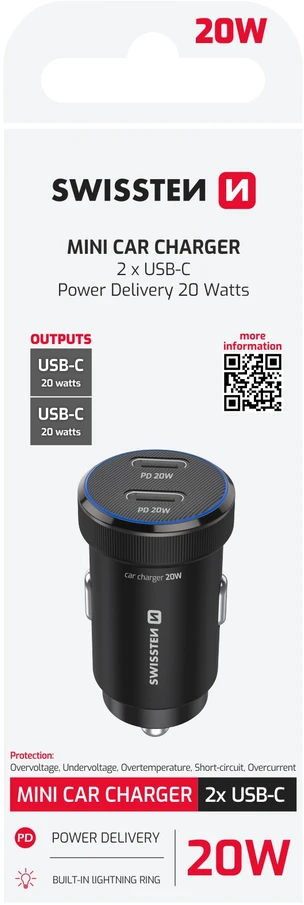 Swissten PD Mini 2x USB-C Car Charger 20W