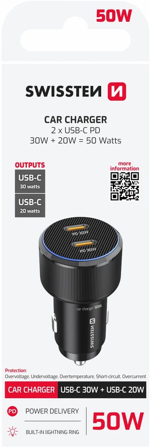 Swissten PD 2x USB-C Car Charger 50W