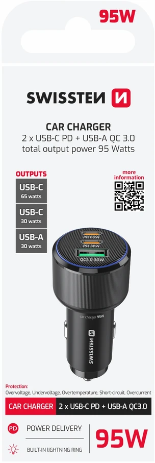 Įkroviklis Swissten Car Charger 2x USB-C PD / USB / 95W