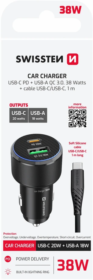 „Swissten PD USB-C“ / USB automobilinis įkroviklis 38 W su USB-C - USB-C laidas 1 m