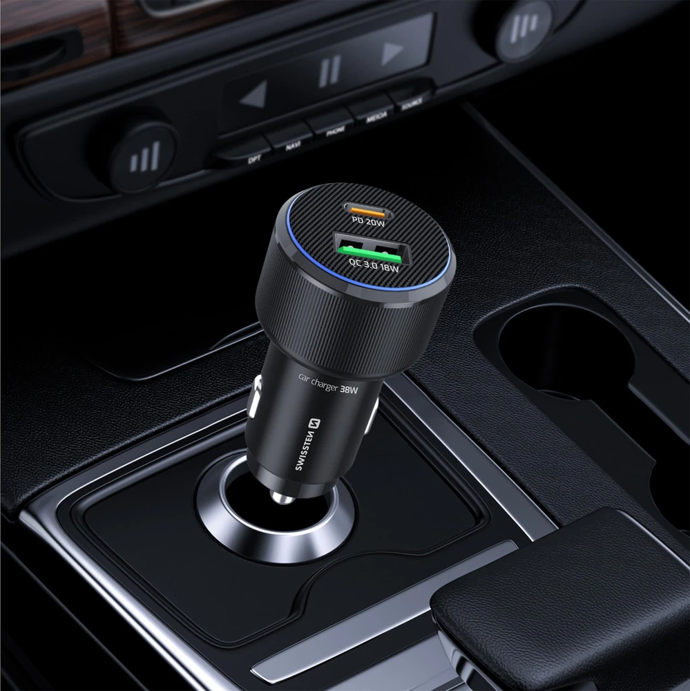 „Swissten PD USB-C“ / USB automobilinis įkroviklis 38 W su USB-C - USB-C laidas 1 m