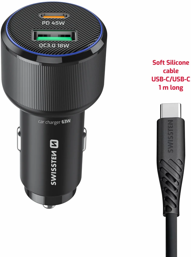 Įkroviklis Swissten PD USB-C / USB automobilinis įkroviklis 63W su USB-C - USB-C laidu 1m