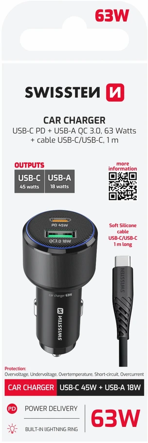 Įkroviklis Swissten PD USB-C / USB automobilinis įkroviklis 63W su USB-C - USB-C laidu 1m
