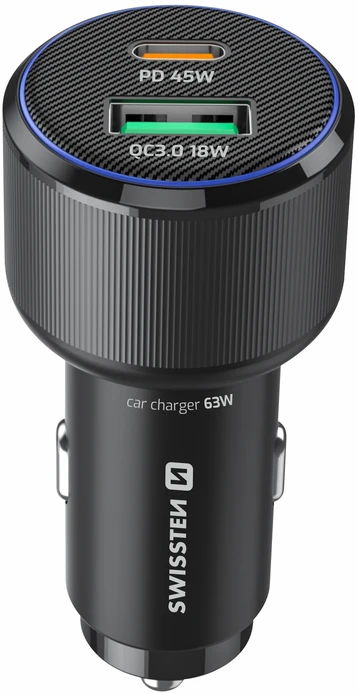 Įkroviklis Swissten PD USB-C / USB automobilinis įkroviklis 63W su USB-C - USB-C laidu 1m
