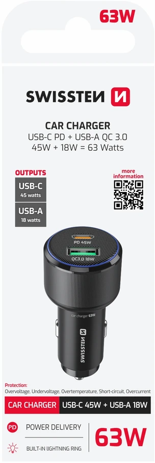 Įkroviklis Swissten Swissten Car Charger USB-C PD / USB 63W