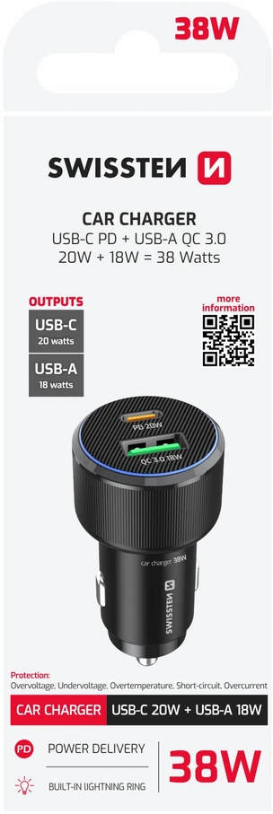 Įkroviklis Swissten Swissten Car Charger USB-C PD / USB 38W