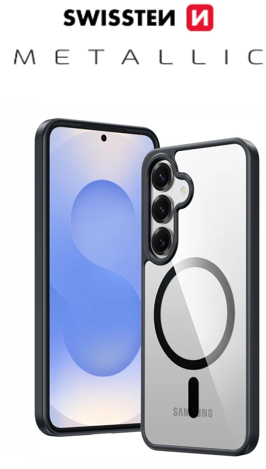 SWISSTEN skaidrus želė MagStick metalinis dėklas, skirtas Samsung Galaxy S26 PLUS 5G, juodas