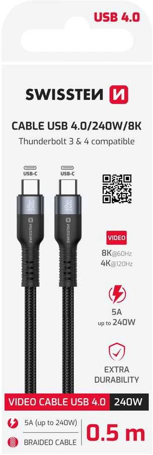 „Swissten TB3“ ir „TB4“ / USB 4.0 / 8K@60Hz / 40 Gb/s / 240 W USB-C duomenų ir vaizdo kabelis, 0,5 m