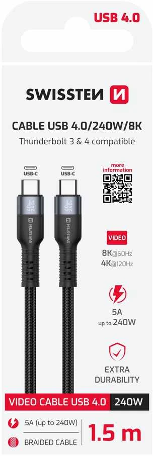 „Swissten TB3“ ir „TB4“ / USB 4.0 / 8K@60Hz / 40 Gb/s / 240 W USB-C duomenų ir vaizdo kabelis 1,5 m