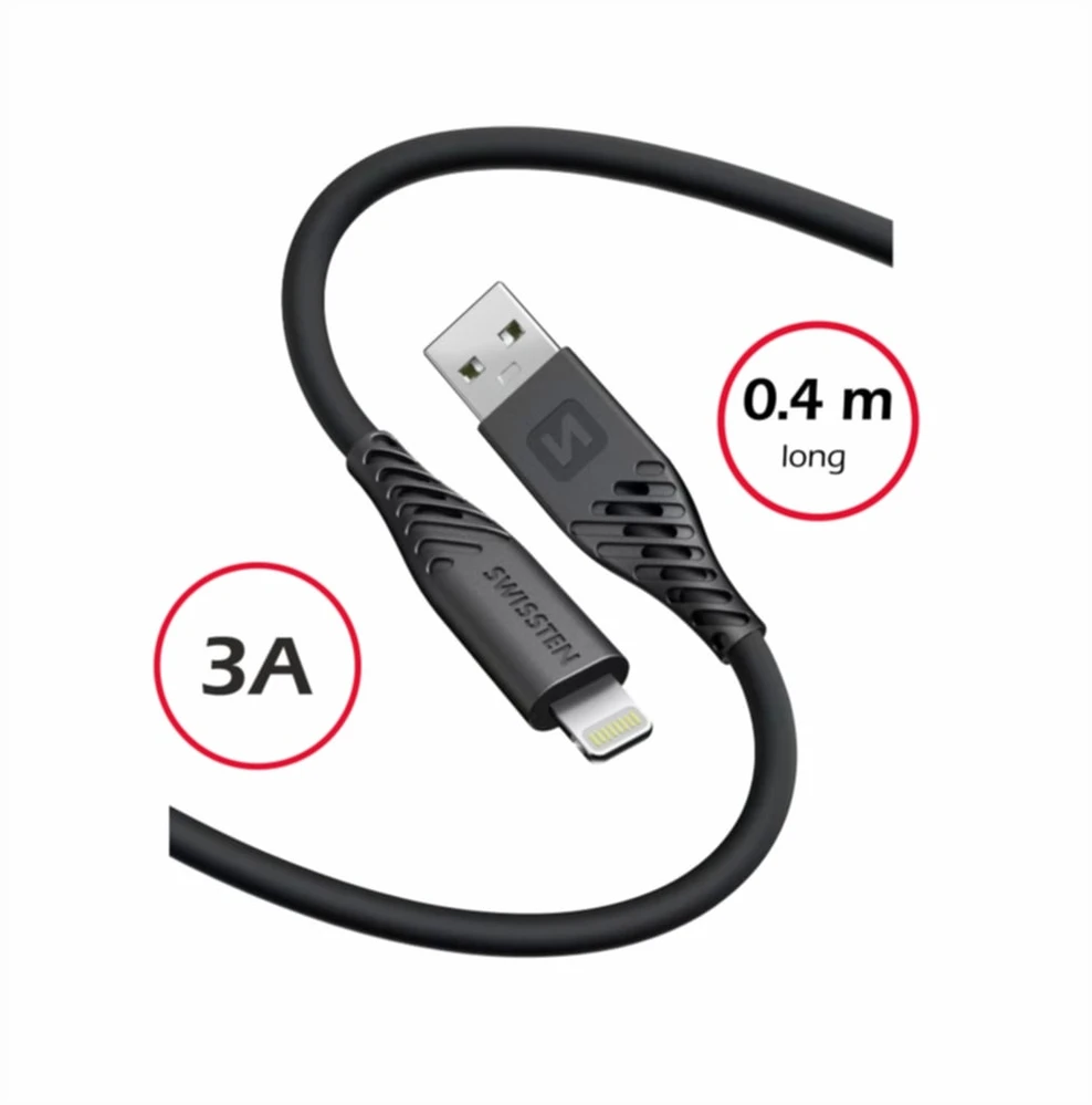 „Swissten“ minkštas silikoninis USB - „Lightning“ duomenų ir įkrovimo laidas, 0,4 m