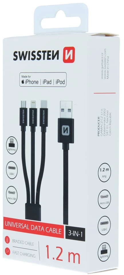 USB kabelis Swissten USB-A - USB-C + microUSB + Lightning 1.2 m Juodas (72501101)