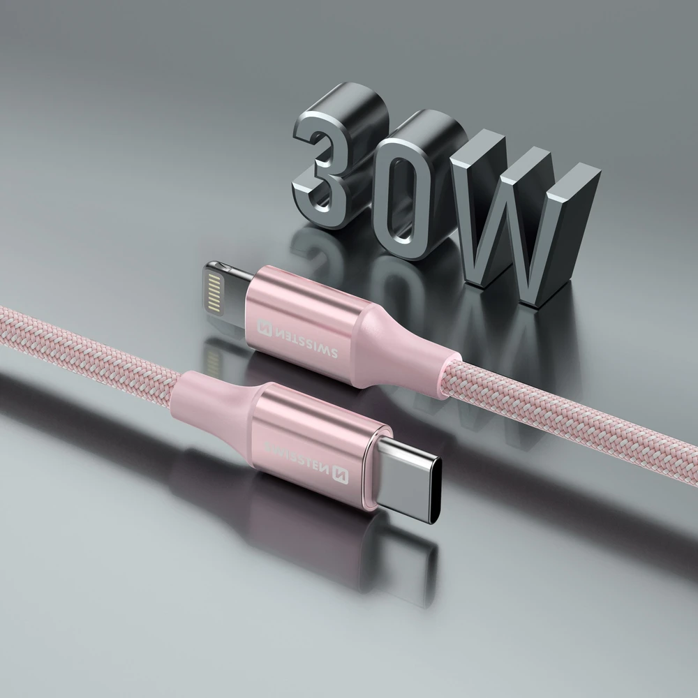 SWISSTEN TEXTILE II duomenų kabelis USB-C – žaibiškas 1,5 m rožinis