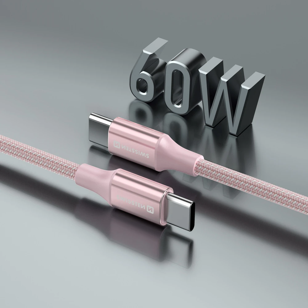 SWISSTEN TEXTILE II duomenų kabelis USB-C - USB-C 1,5 m rožinis