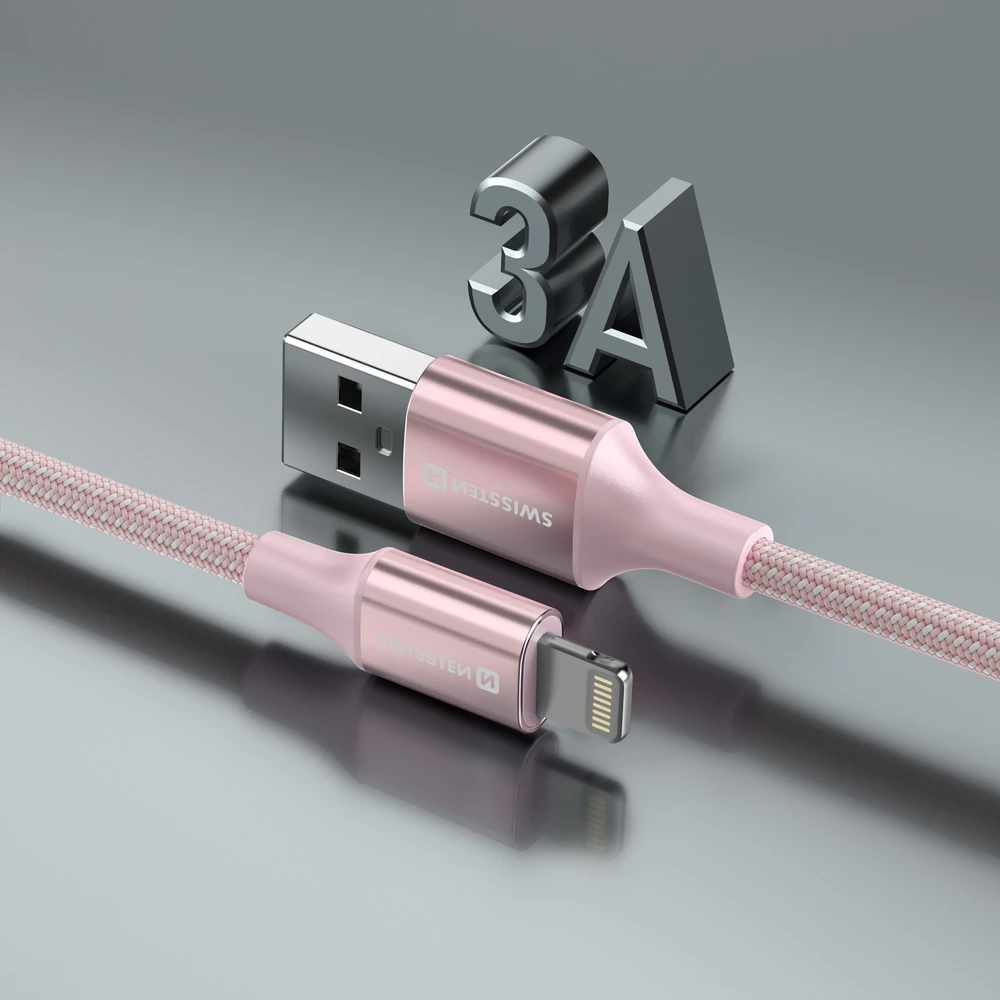 SWISSTEN TEXTILE II duomenų kabelis USB - Lightning 1,5m rožinis