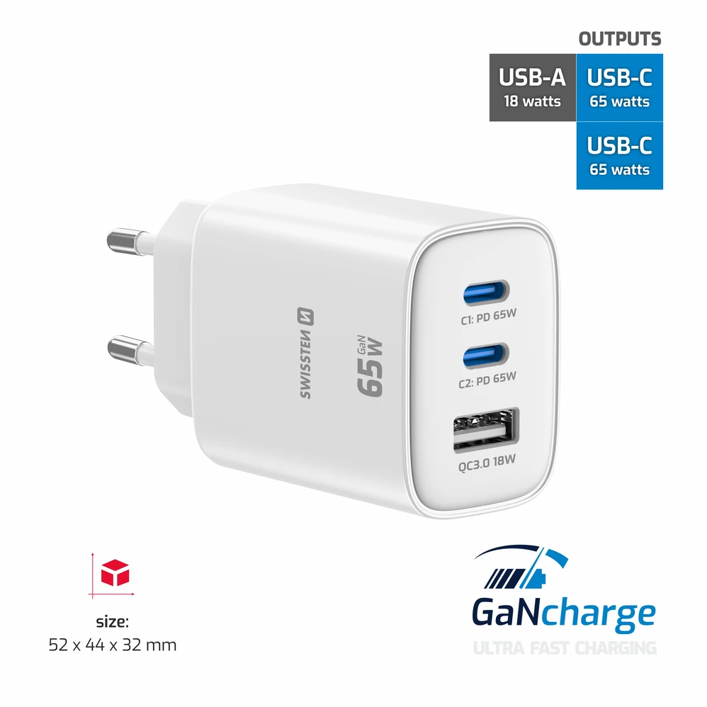 Įkroviklis Swissten Swissten Edge kelioninis įkroviklis Edge GaN 2x USB-C PD 65W + 1x USB-A 18W QC baltas