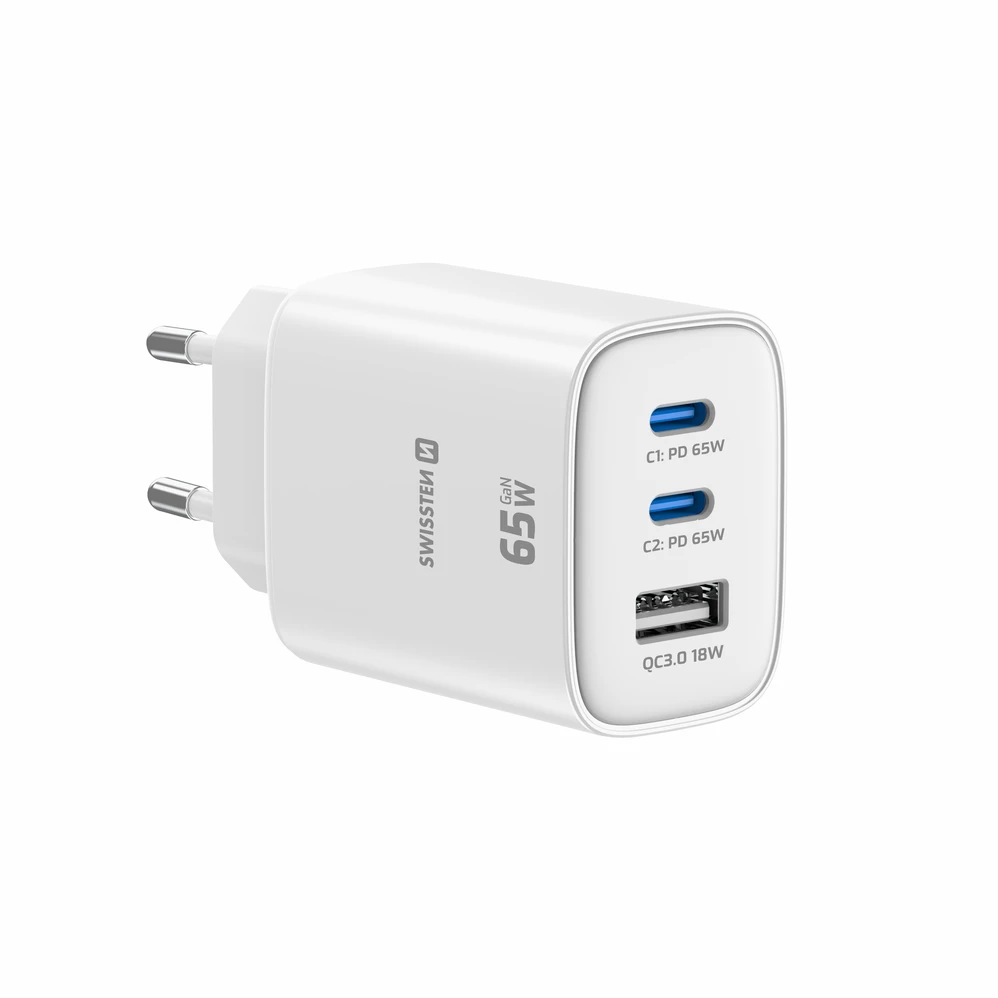 Įkroviklis Swissten Swissten Edge kelioninis įkroviklis Edge GaN 2x USB-C PD 65W + 1x USB-A 18W QC baltas