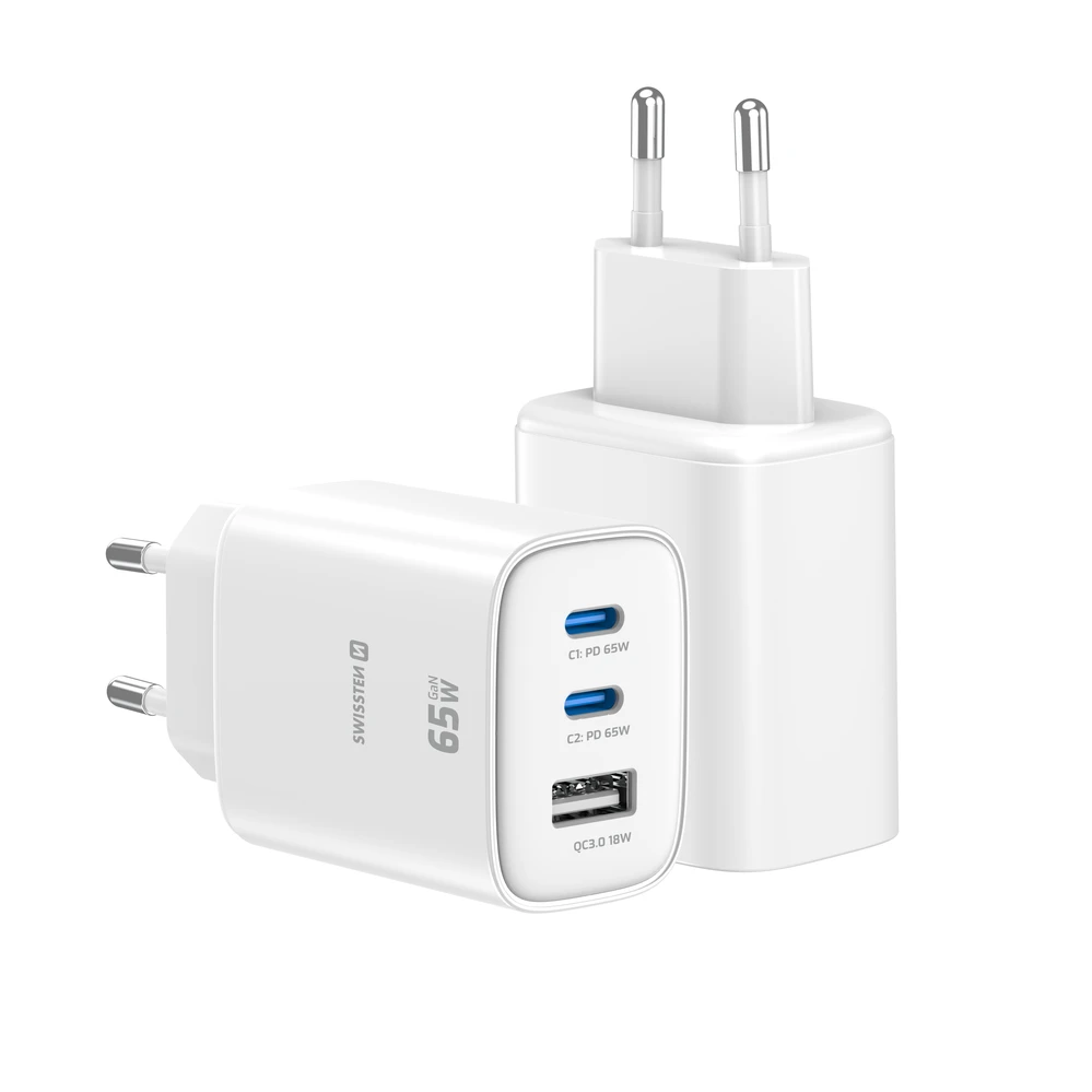 Įkroviklis Swissten Swissten Edge kelioninis įkroviklis Edge GaN 2x USB-C PD 65W + 1x USB-A 18W QC baltas