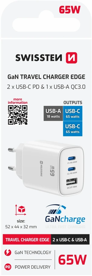 Įkroviklis Swissten Swissten Edge kelioninis įkroviklis Edge GaN 2x USB-C PD 65W + 1x USB-A 18W QC baltas