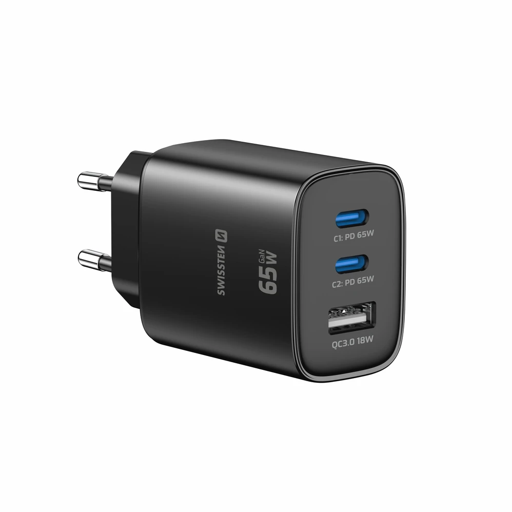 Įkroviklis Swissten Swissten Edge Travel Charger Edge GaN 2x USB-C PD 65W + 1x USB-A 18W QC Juodas
