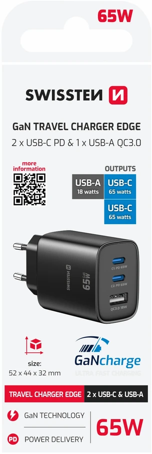 Įkroviklis Swissten Swissten Edge Travel Charger Edge GaN 2x USB-C PD 65W + 1x USB-A 18W QC Juodas