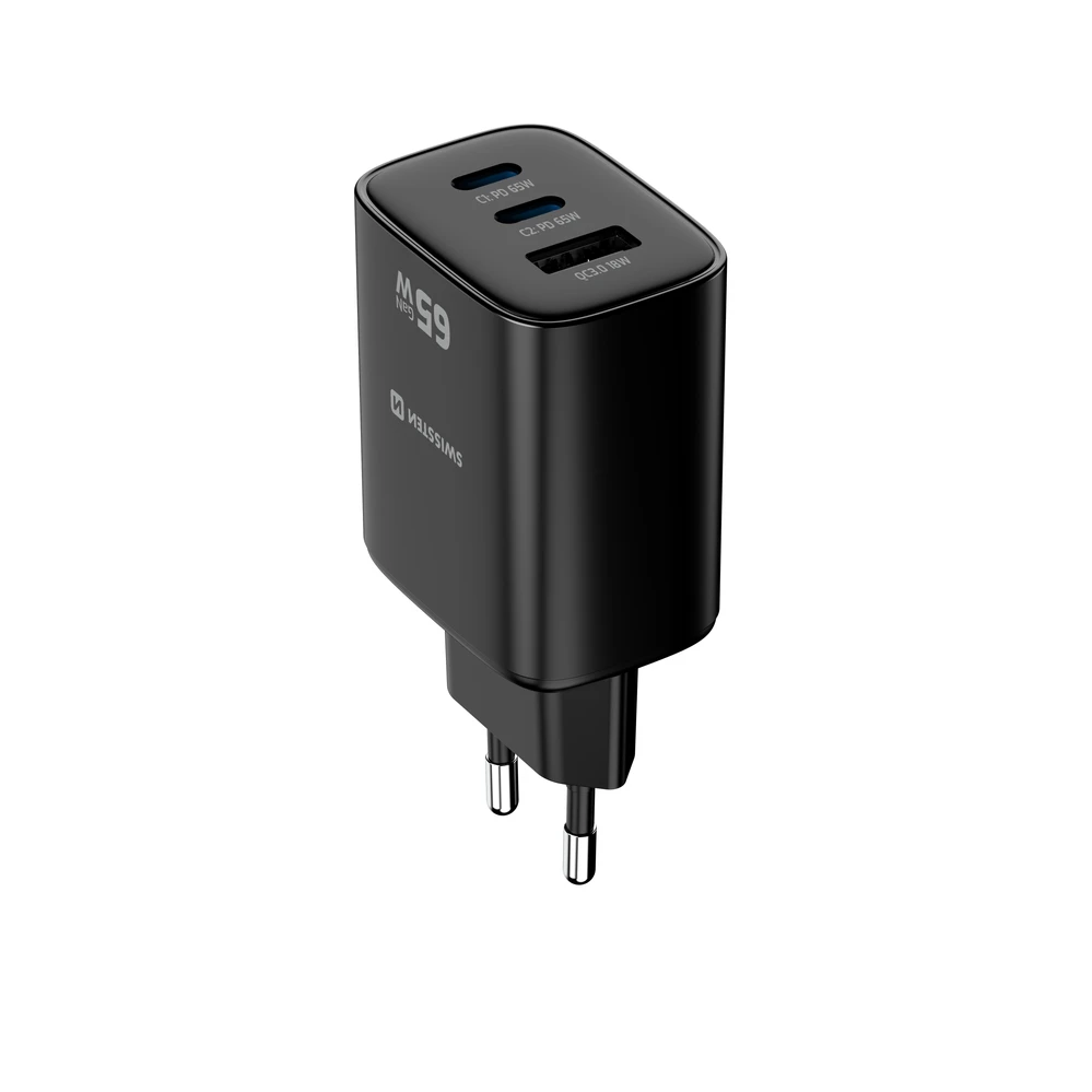 Įkroviklis Swissten Swissten Edge Travel Charger Edge GaN 2x USB-C PD 65W + 1x USB-A 18W QC Juodas