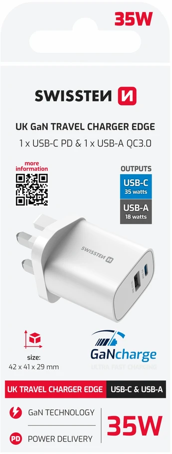 Įkroviklis Swissten EDGE GaN do gniazd UK 1x USB-A 1x USB-C 35 W (22045102)