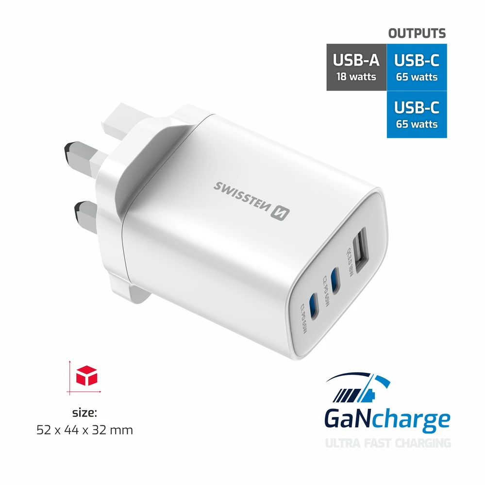 Swissten Edge GaN Power Adapteris 65 W, Baltas (UK)