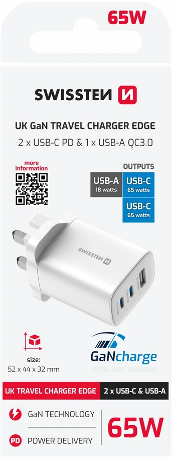 Swissten Edge GaN Power Adapteris 65 W, Baltas (UK)