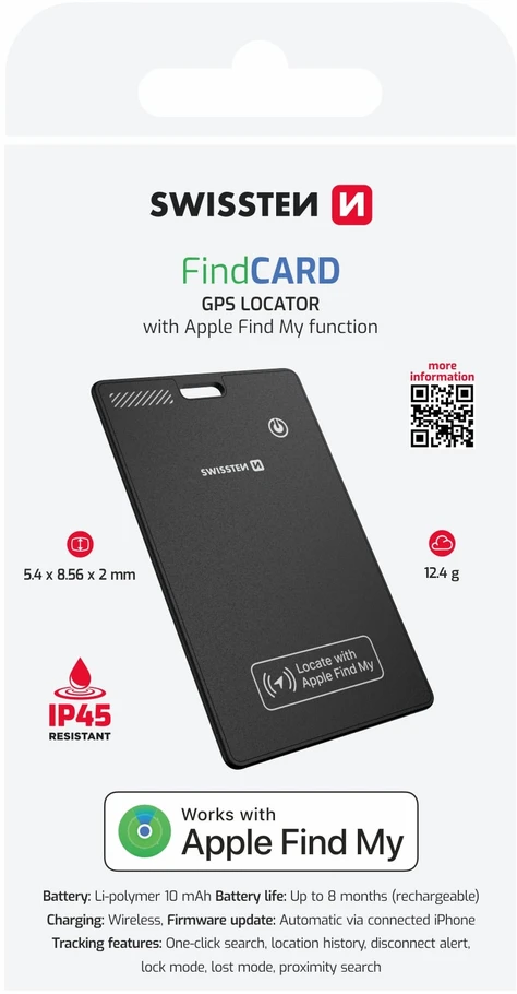 SWISSTEN FindCard išmanusis ieškiklis su Apple Find My funkcija, juodas