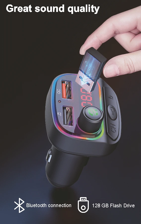 FM siųstuvas „Swissten RGB Bluetooth FM“ siųstuvas, 2x USB / USB-C