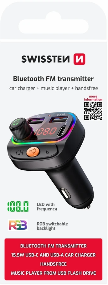 FM siųstuvas „Swissten RGB Bluetooth FM“ siųstuvas, 2x USB / USB-C