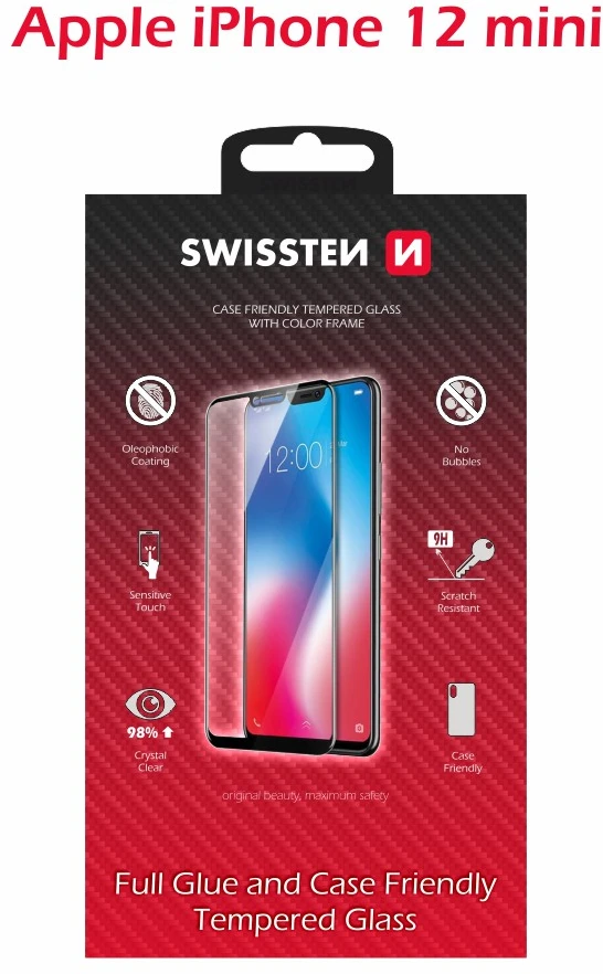 „Swissten“ grūdinto stiklo ekrano apsauga, skirta „Apple iPhone 12 MINI“, juoda, pritaikyta dėklui ir spalvotam rėmeliui.