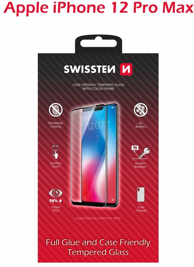 „Swissten“ grūdinto stiklo ekrano apsauga, skirta „Apple iPhone 12 PRO MAX“, juoda, tinkanti dėklui ir spalvotam rėmeliui.