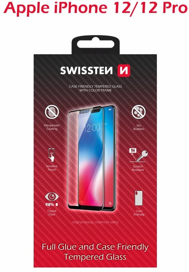„Swissten“ grūdinto stiklo ekrano apsauga, skirta „Apple iPhone 12/12 PRO“, juoda, tinkanti dėklams ir spalvotam rėmeliui.