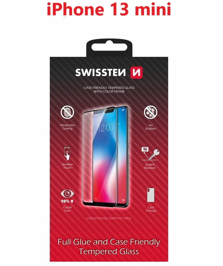 „Swissten“ grūdinto stiklo ekrano apsauga, skirta „Apple iPhone 13 MINI“, juoda, pritaikyta dėklui ir spalvotam rėmeliui.