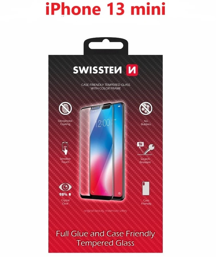 „Swissten“ grūdinto stiklo ekrano apsauga, skirta „Apple iPhone 13 MINI“, juoda, pritaikyta dėklui ir spalvotam rėmeliui.