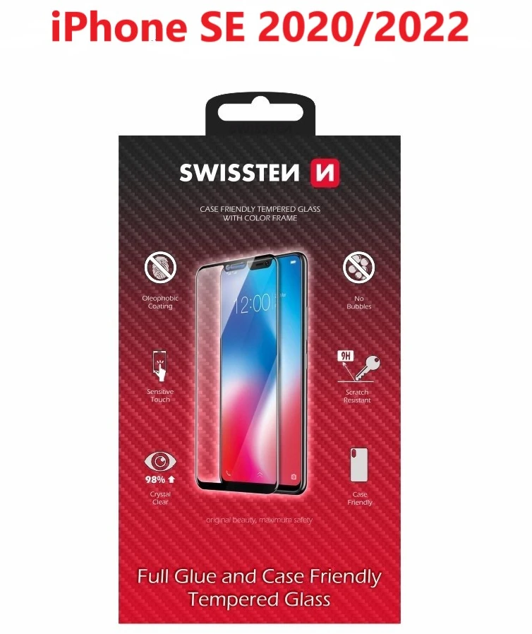 Swissten grūdinto stiklo ekrano apsauga, pro Apple iPhone SE 2020, juoda, tinka dėklui ir spalvotas rėmelis