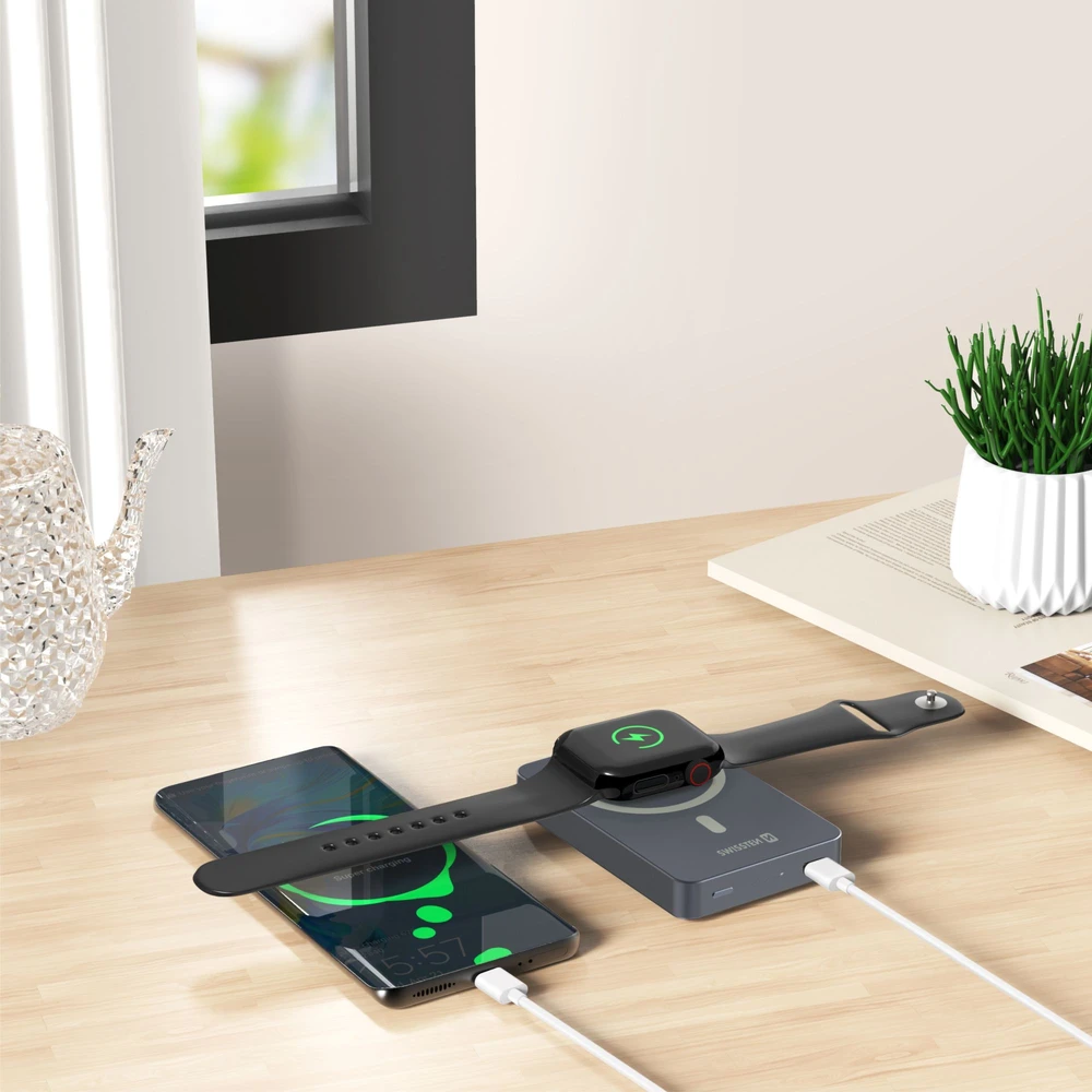 Powerbank Swissten Swissten FUSION Power Bank Universal External Baterija MagSafe / Apple Watch / 10000 mAh Sidabrinis
