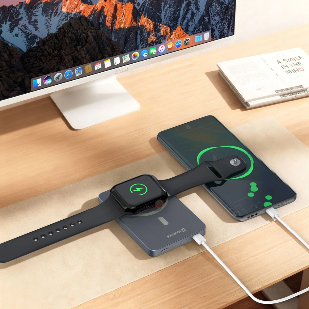 Powerbank Swissten Swissten FUSION Power Bank Universal External Baterija MagSafe / Apple Watch / 5000 mAh Sidabrinis