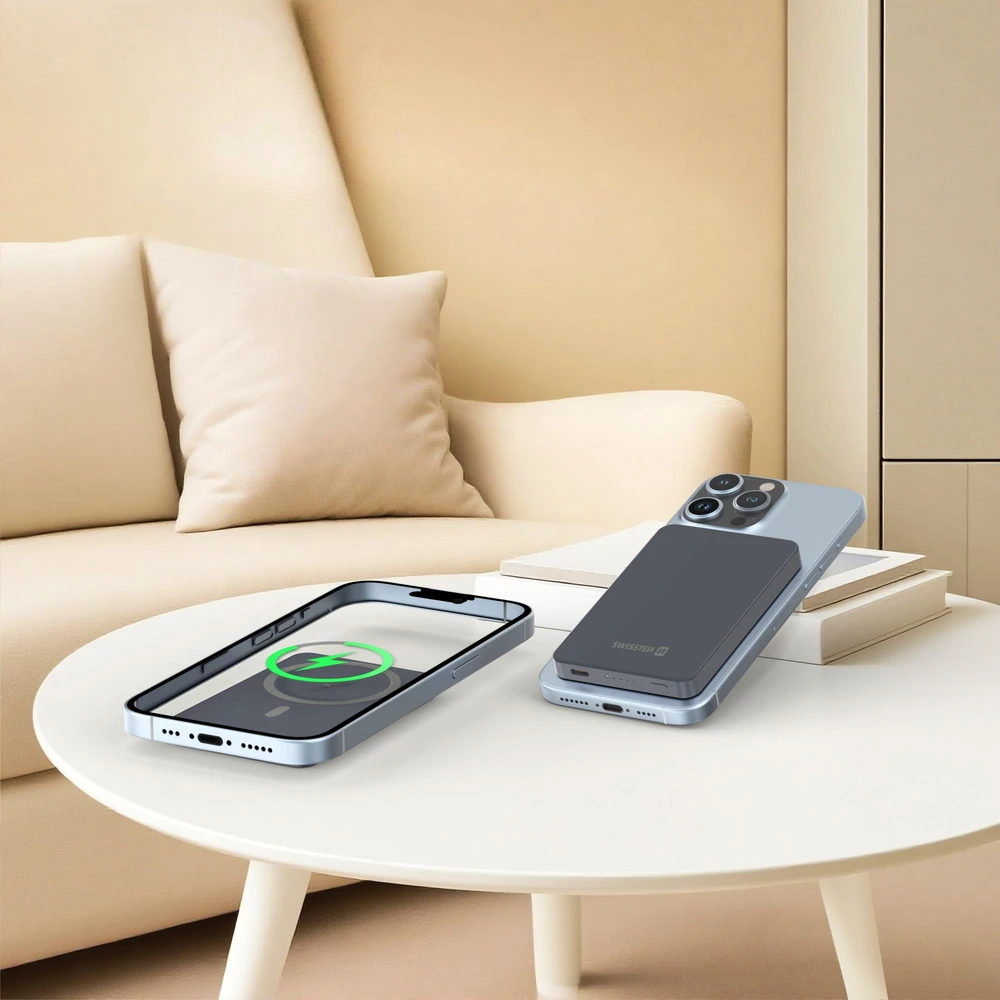 Powerbank Swissten Swissten FUSION Power Bank Universal External Baterija MagSafe / Apple Watch / 5000 mAh Sidabrinis